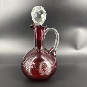 Vintage Ruby Red Cut to Clear Glass Cruet Bohemian Clear Facet Cut Stopper